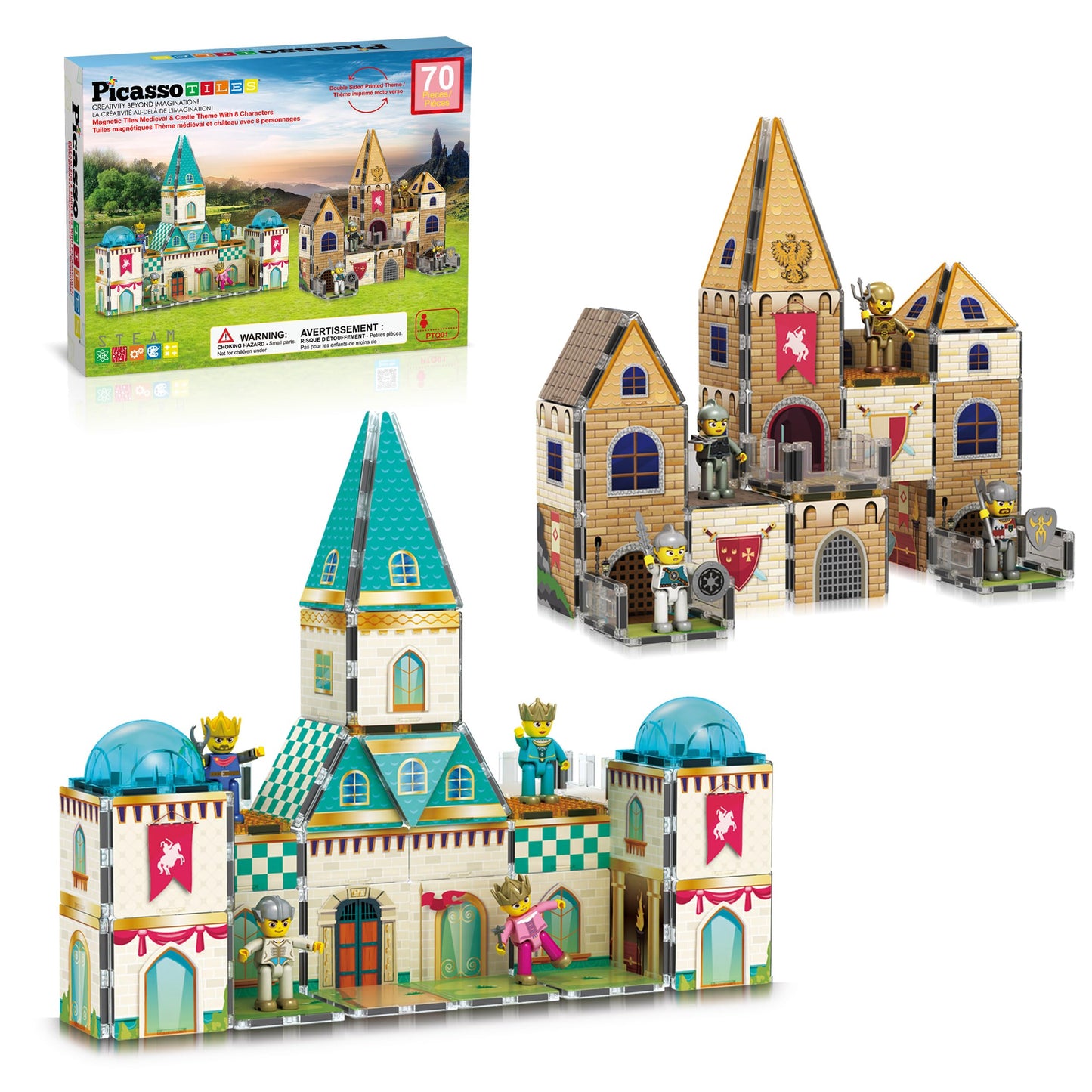 PicassoTiles 70pc Medieval Castle Magnetic Tile Set – 2in1 8 Figures | STEM Building Blocks for Kids 3+
