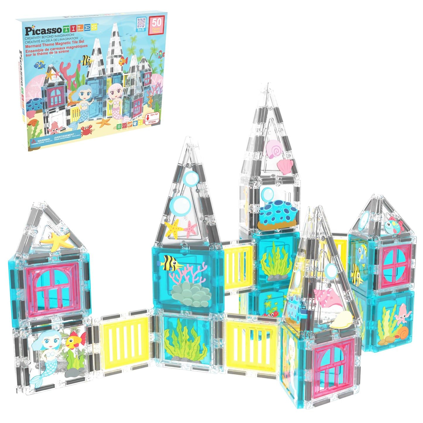 PicassoTiles Mermaid Theme Magnetic Tiles – 50 Piece STEM Building Set for Kids 3+