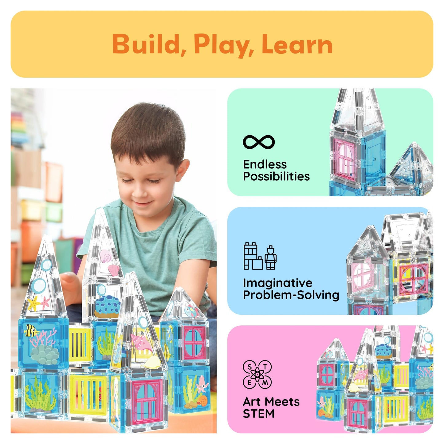 PicassoTiles Mermaid Theme Magnetic Tiles – 50 Piece STEM Building Set for Kids 3+