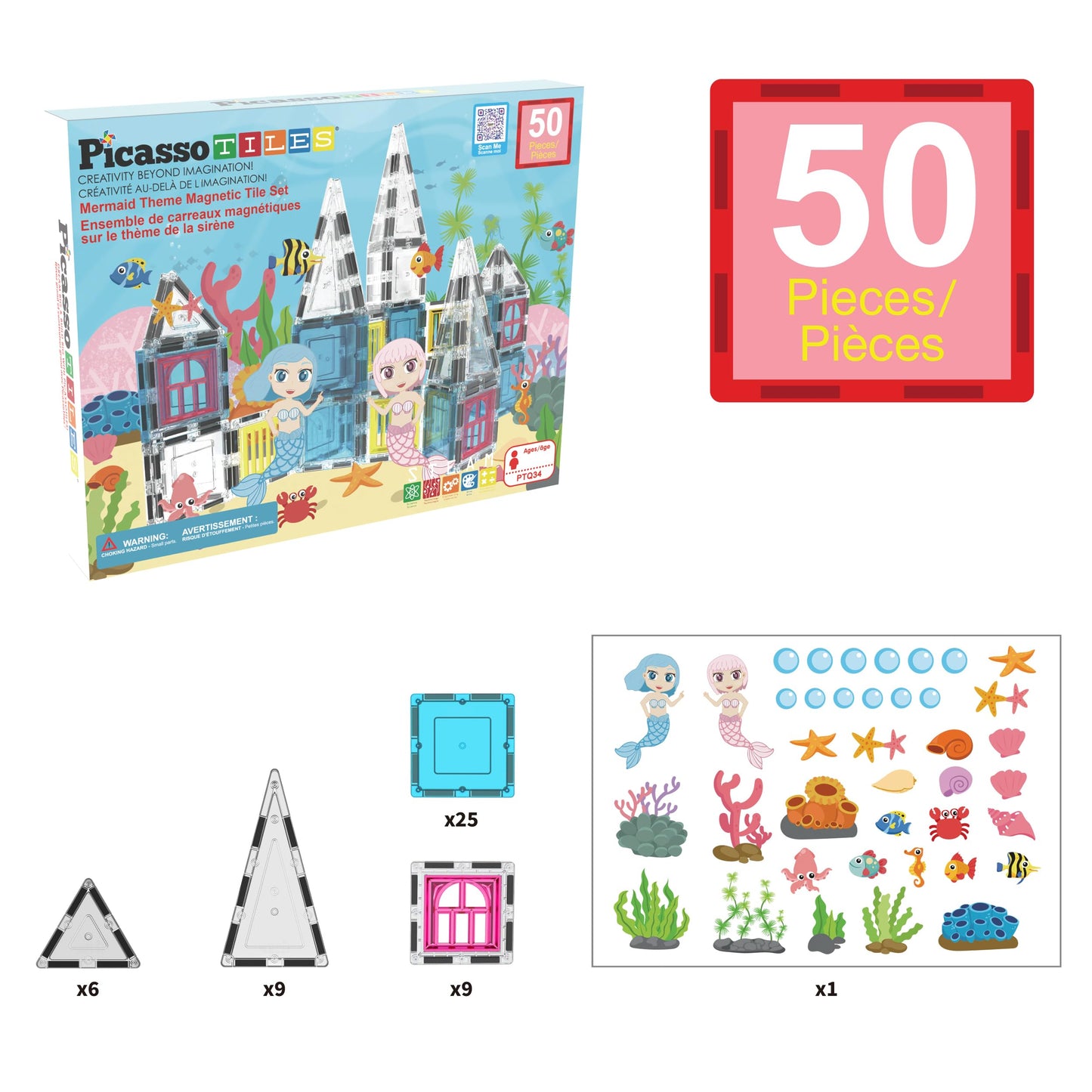 PicassoTiles Mermaid Theme Magnetic Tiles – 50 Piece STEM Building Set for Kids 3+