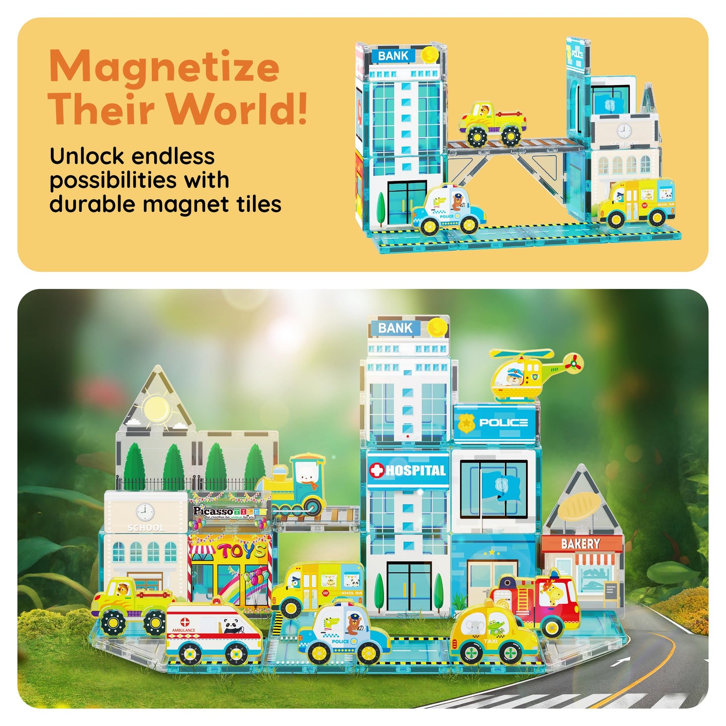 PicassoTiles Metro City Hospital Magnetic Tile Set – 50-Piece STEM Toy for Kids 3+