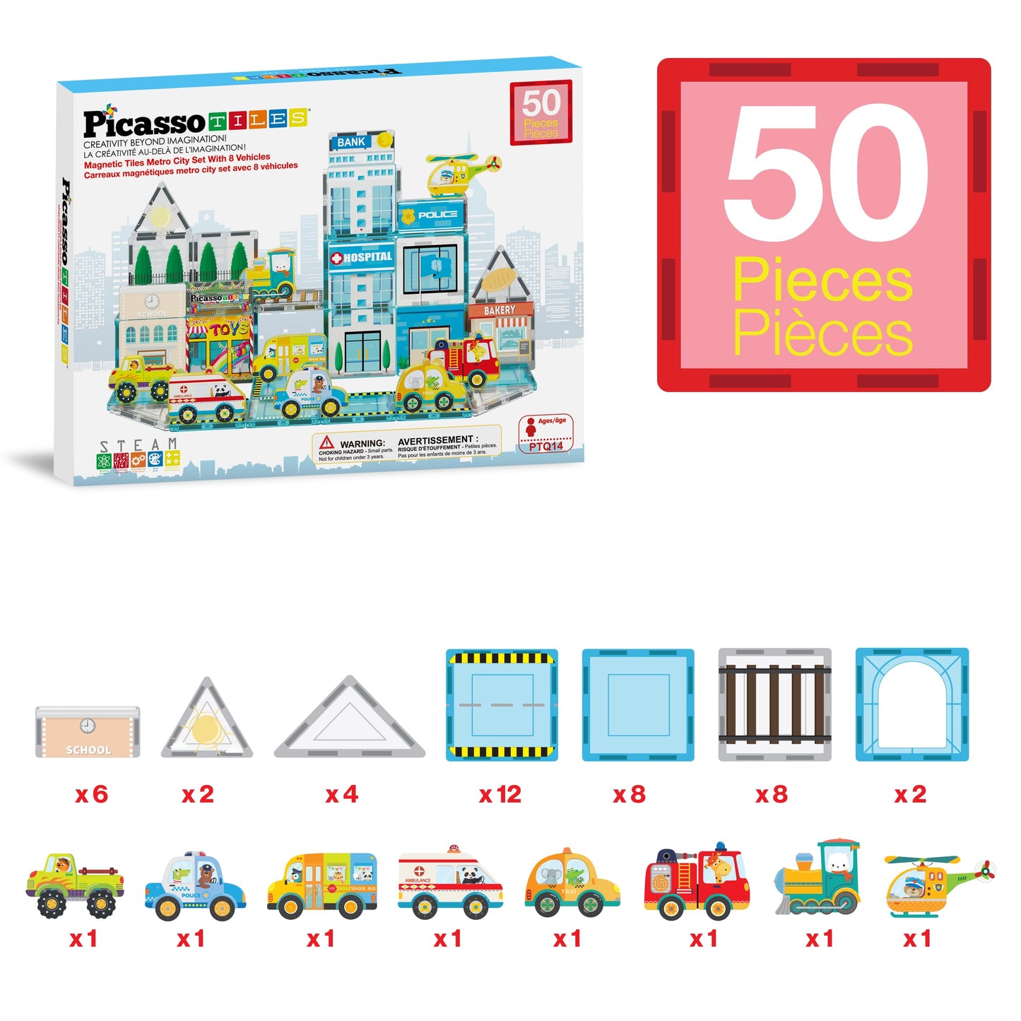 PicassoTiles Metro City Hospital Magnetic Tile Set – 50-Piece STEM Toy for Kids 3+