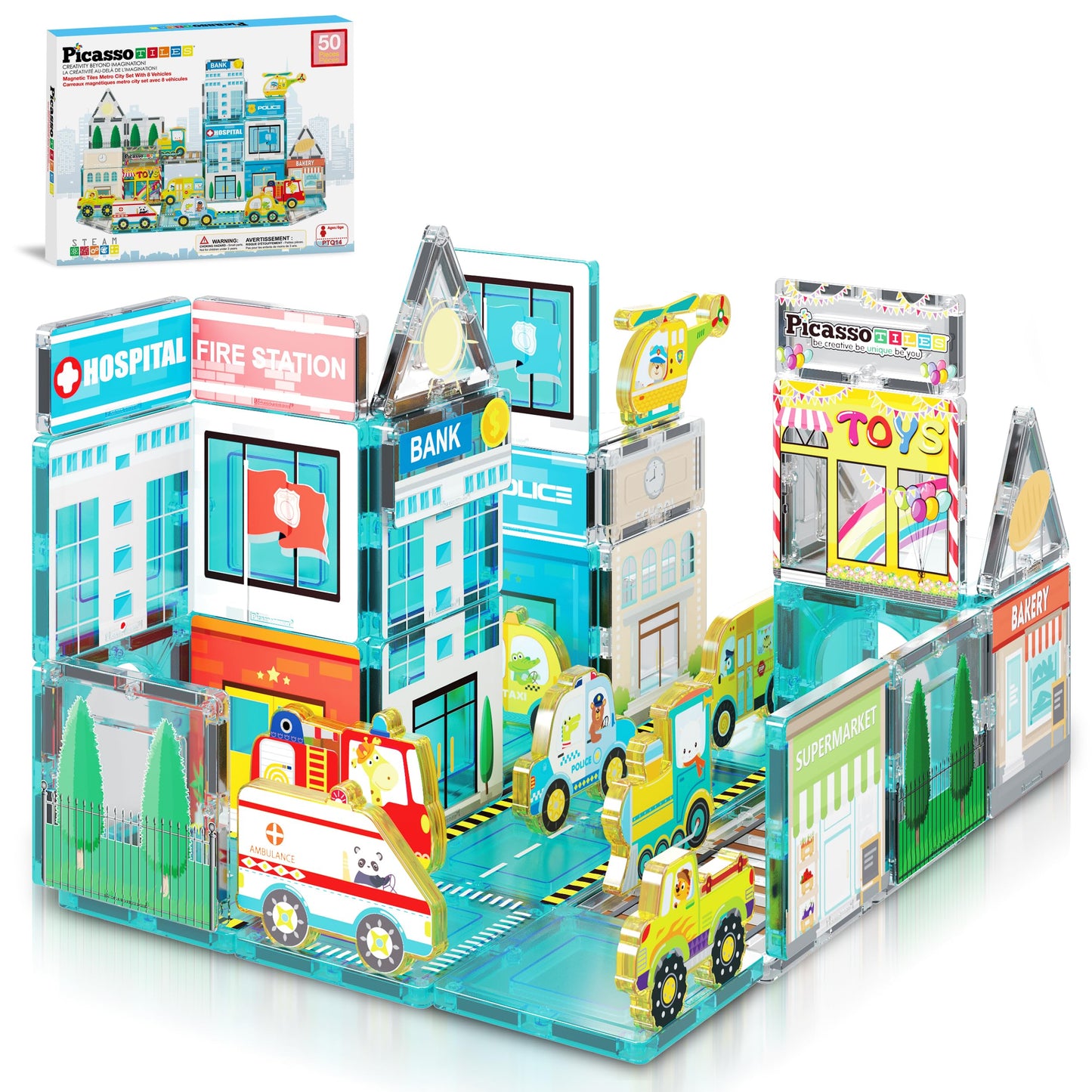 PicassoTiles Metro City Hospital Magnetic Tile Set – 50-Piece STEM Toy for Kids 3+