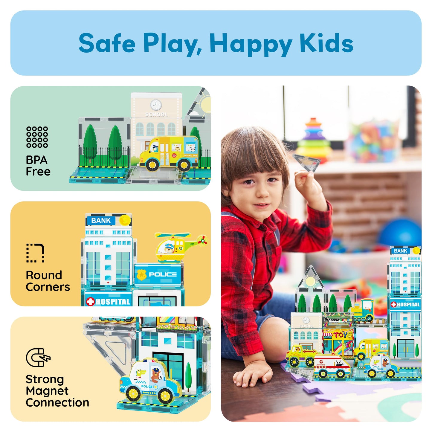PicassoTiles Metro City Hospital Magnetic Tile Set – 50-Piece STEM Toy for Kids 3+