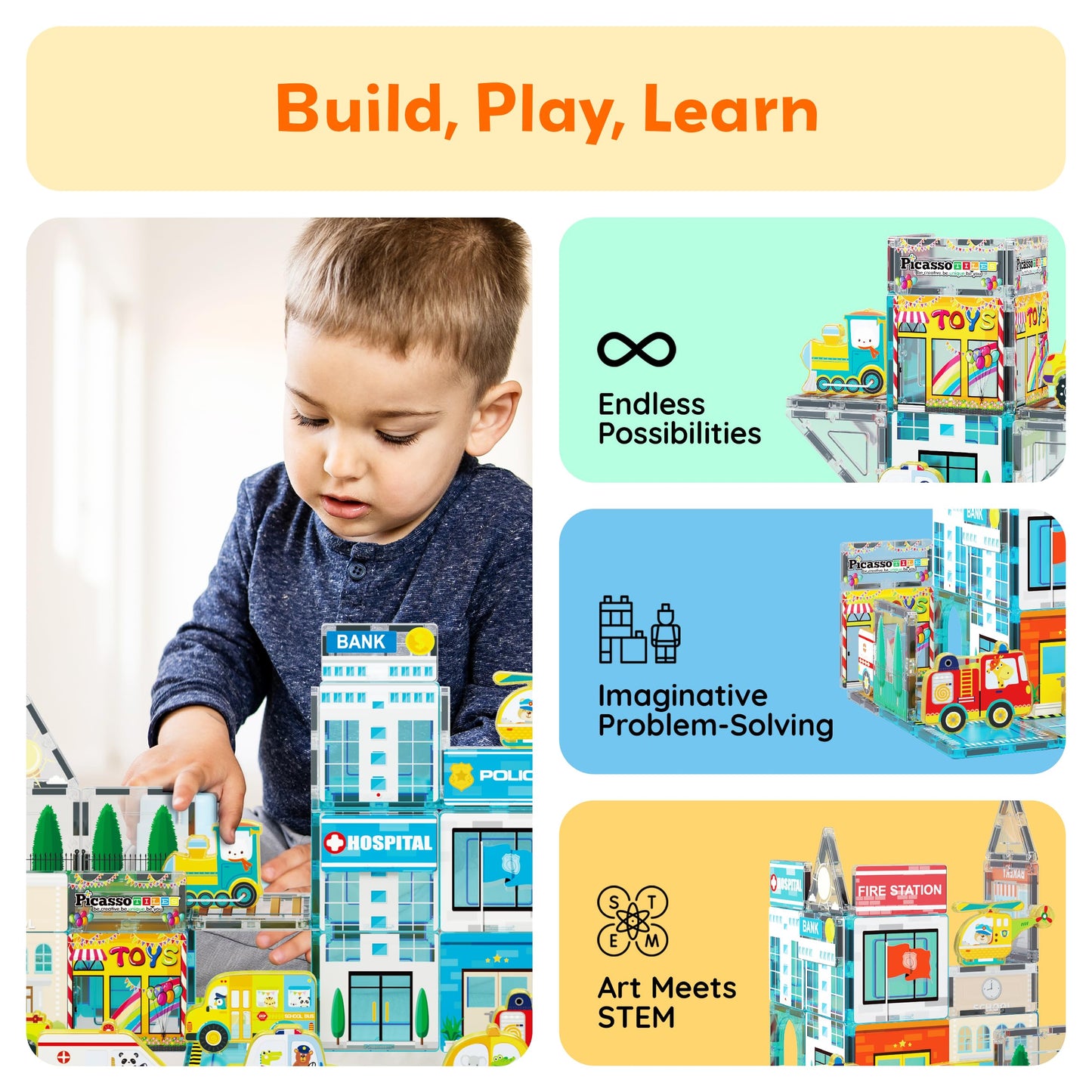 PicassoTiles Metro City Hospital Magnetic Tile Set – 50-Piece STEM Toy for Kids 3+