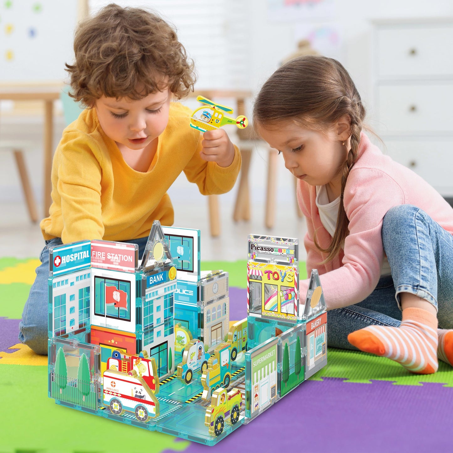 PicassoTiles Metro City Hospital Magnetic Tile Set – 50-Piece STEM Toy for Kids 3+