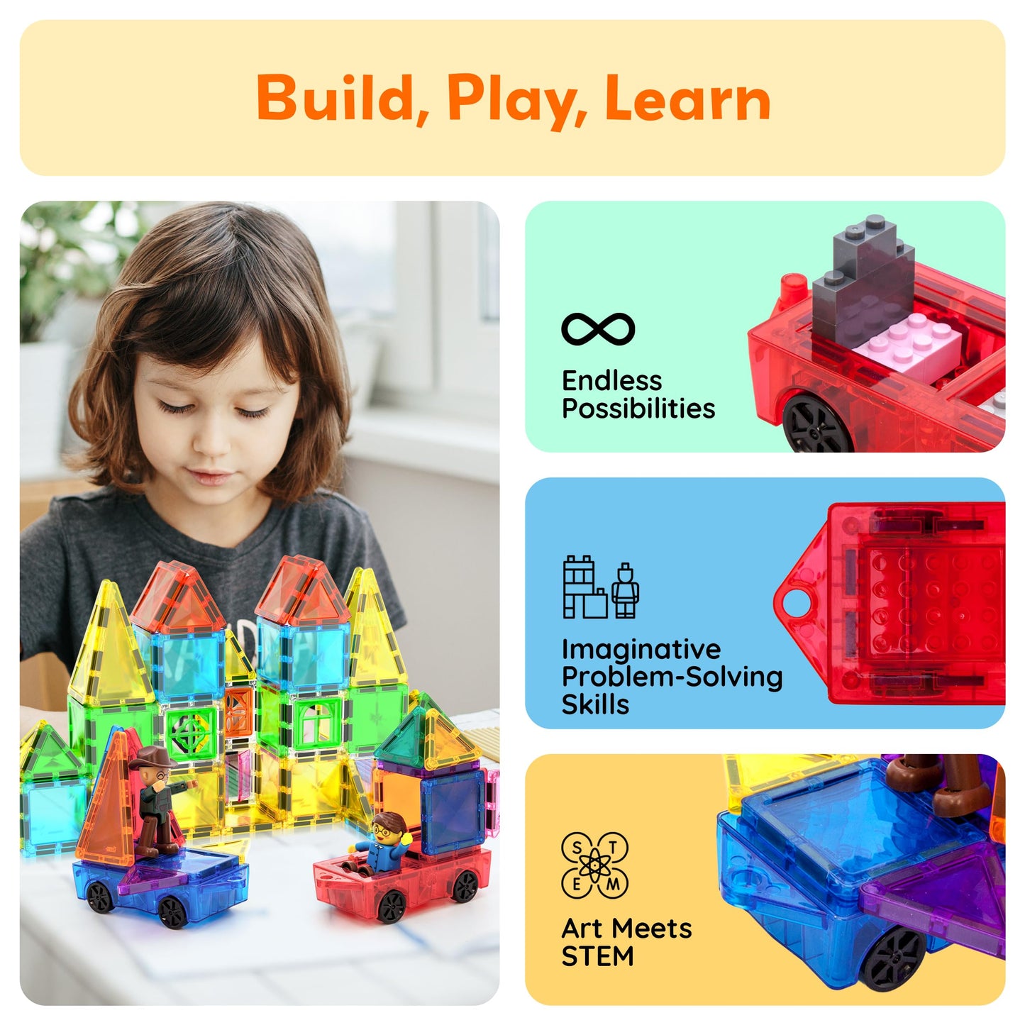 PicassoTiles 2-Piece Car Mini Truck – Magnetic Tiles STEM Toy for Kids 3+