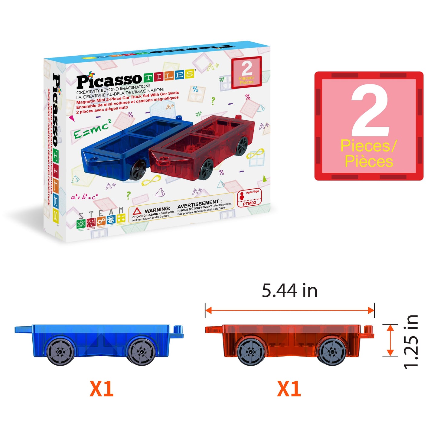 PicassoTiles 2-Piece Car Mini Truck – Magnetic Tiles STEM Toy for Kids 3+
