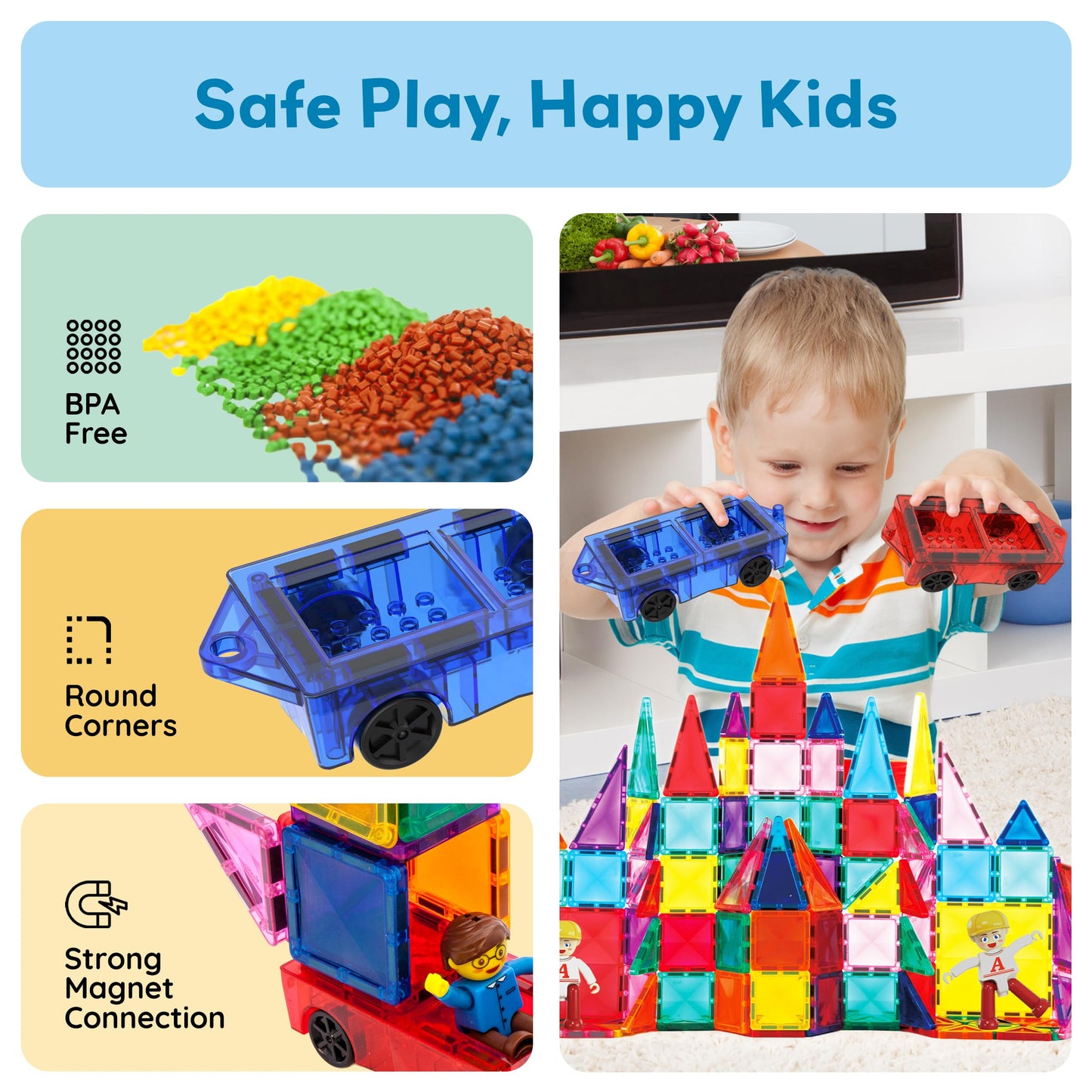 PicassoTiles 2-Piece Car Mini Truck – Magnetic Tiles STEM Toy for Kids 3+