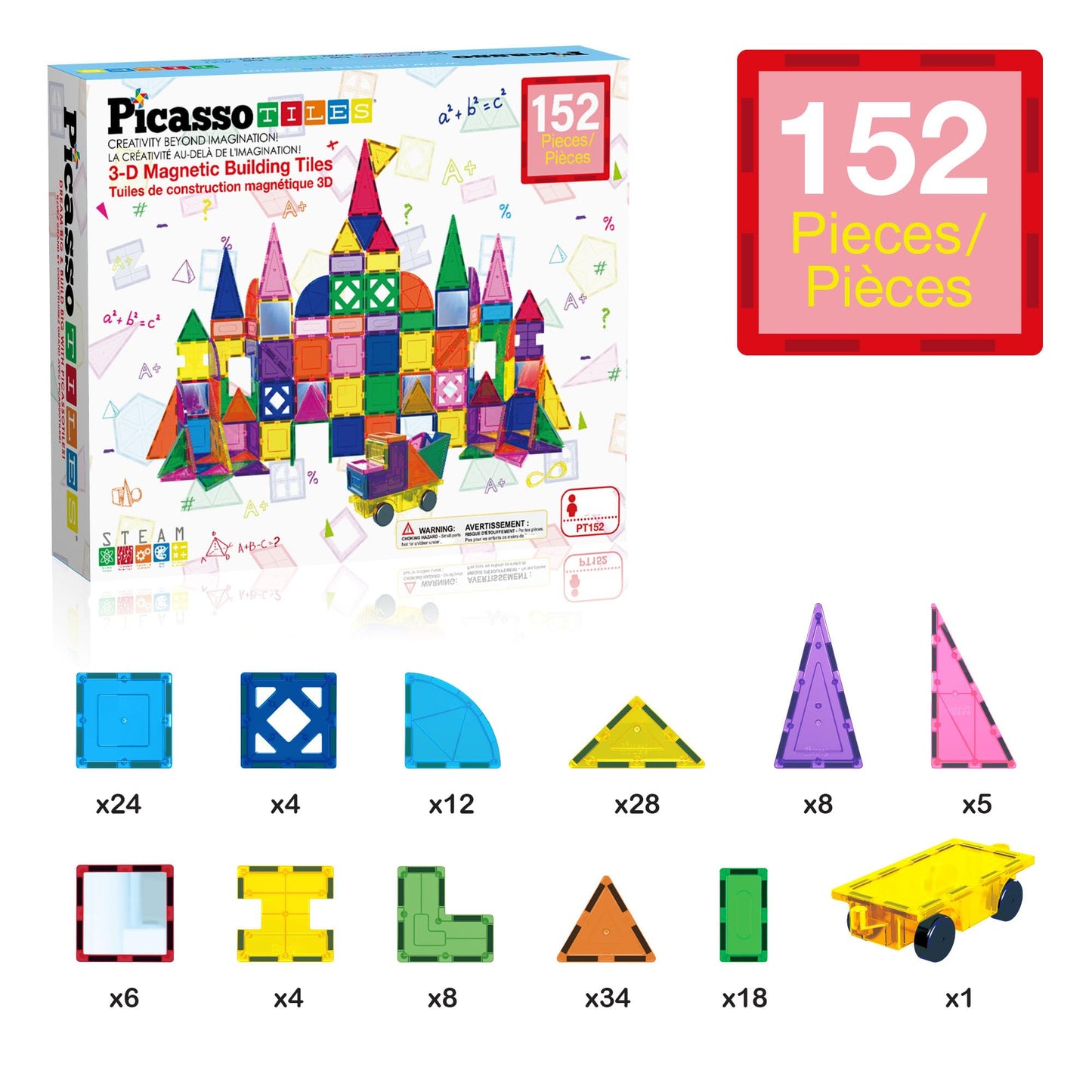 PicassoTiles PT152 Magnetic Tiles 152pcs – Mirror Theme STEM Building Toys for Kids