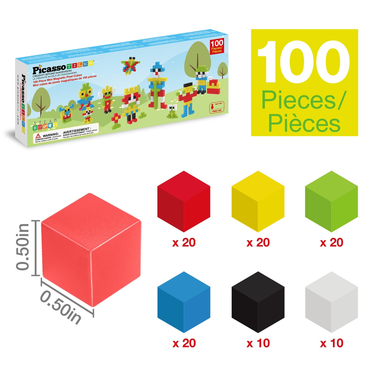PicassoTiles 100pc Pixel Magnetic Puzzle Cubes | Mix & Match STEM Building Blocks