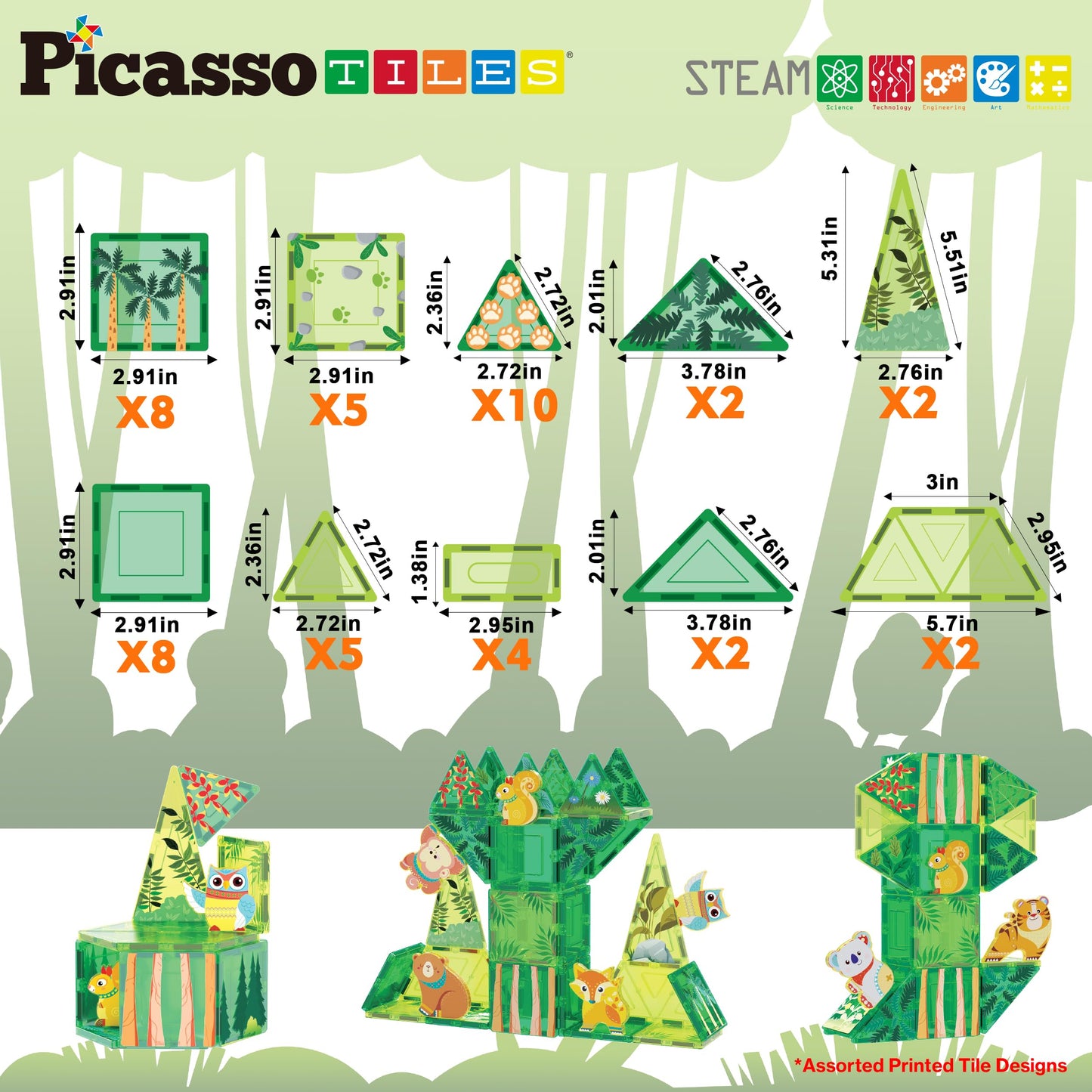 PicassoTiles Forest Animal Magnet Tile Set with 8 Figures – STEM Learning Toy PTQ16