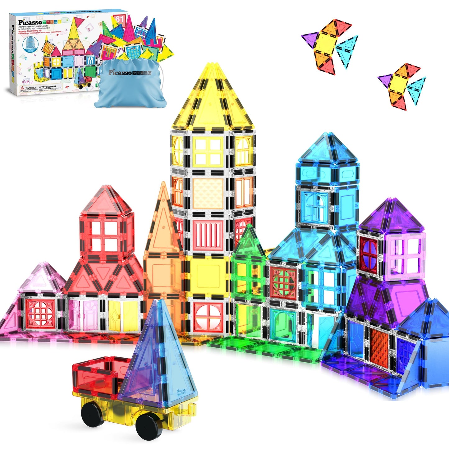 PicassoTiles 61-Piece Magnetic Tiles - STEM Building Blocks for Kids 3-12