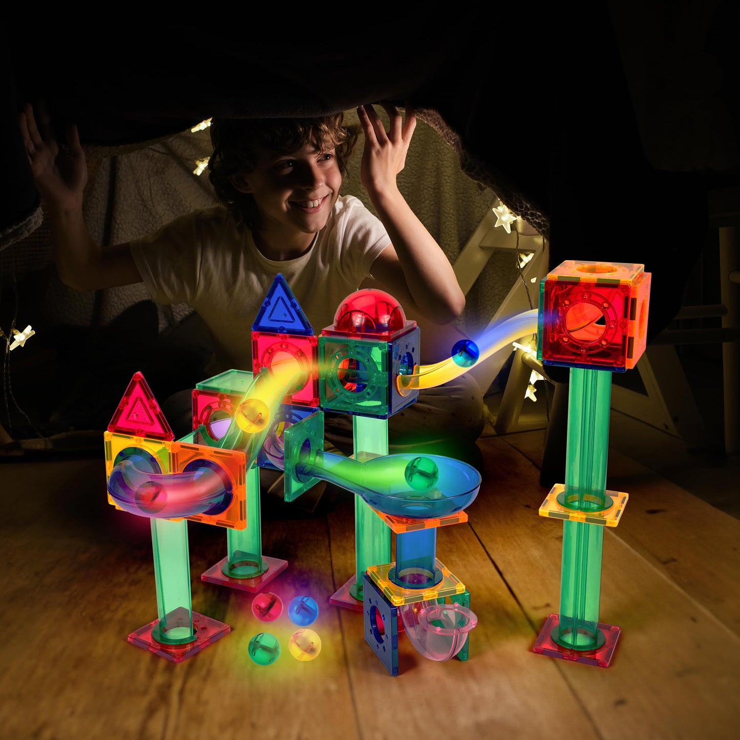 PicassoTiles Motion Activated Marbles – LED Glow-in-the-Dark 4pc Marble Run Accessory