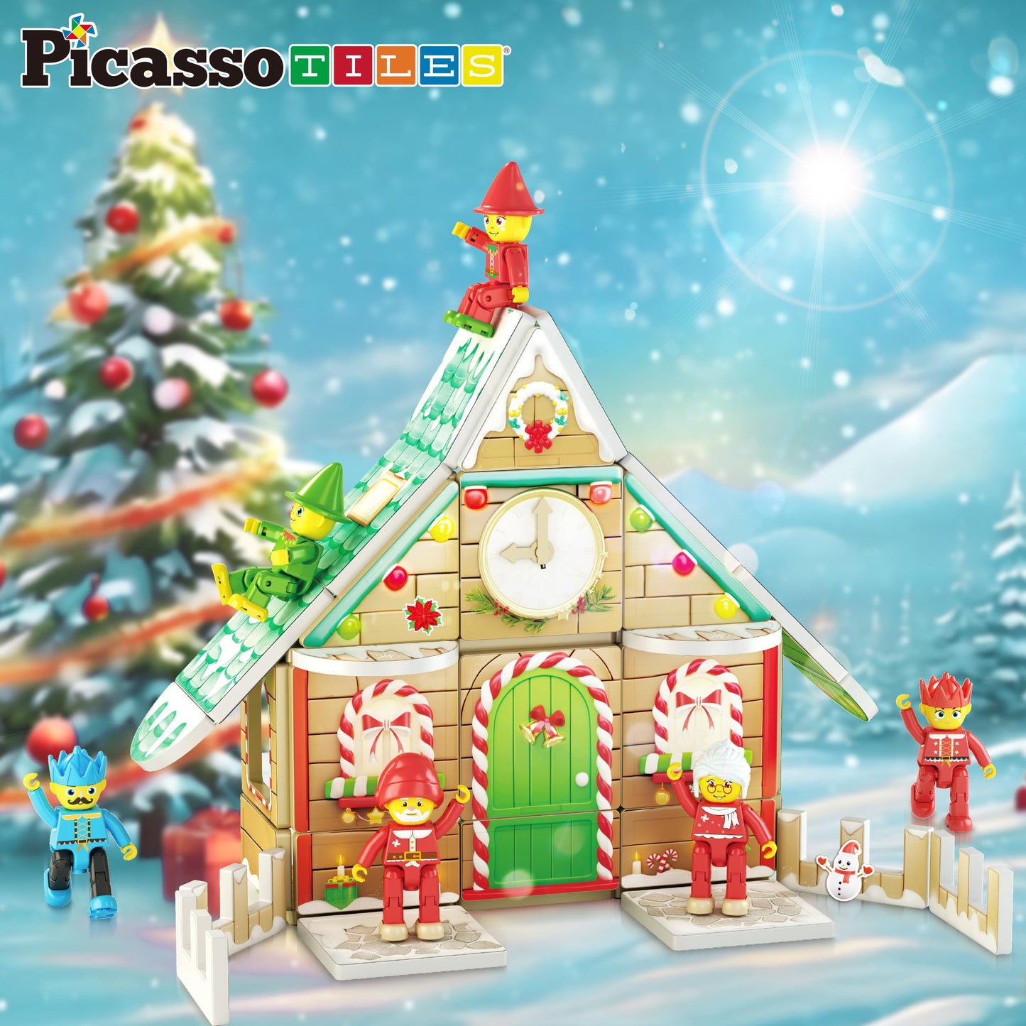 PicassoTiles Christmas Cottage Magnetic Tile Set PTQ08 – Santa, Elves & Nutcrackers
