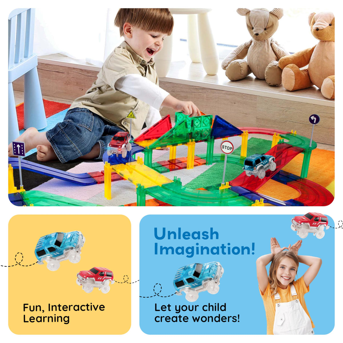 PicassoTiles 80pc Race Car Track – Magnetic Tiles STEM Toy with 2 Light-Up Cars