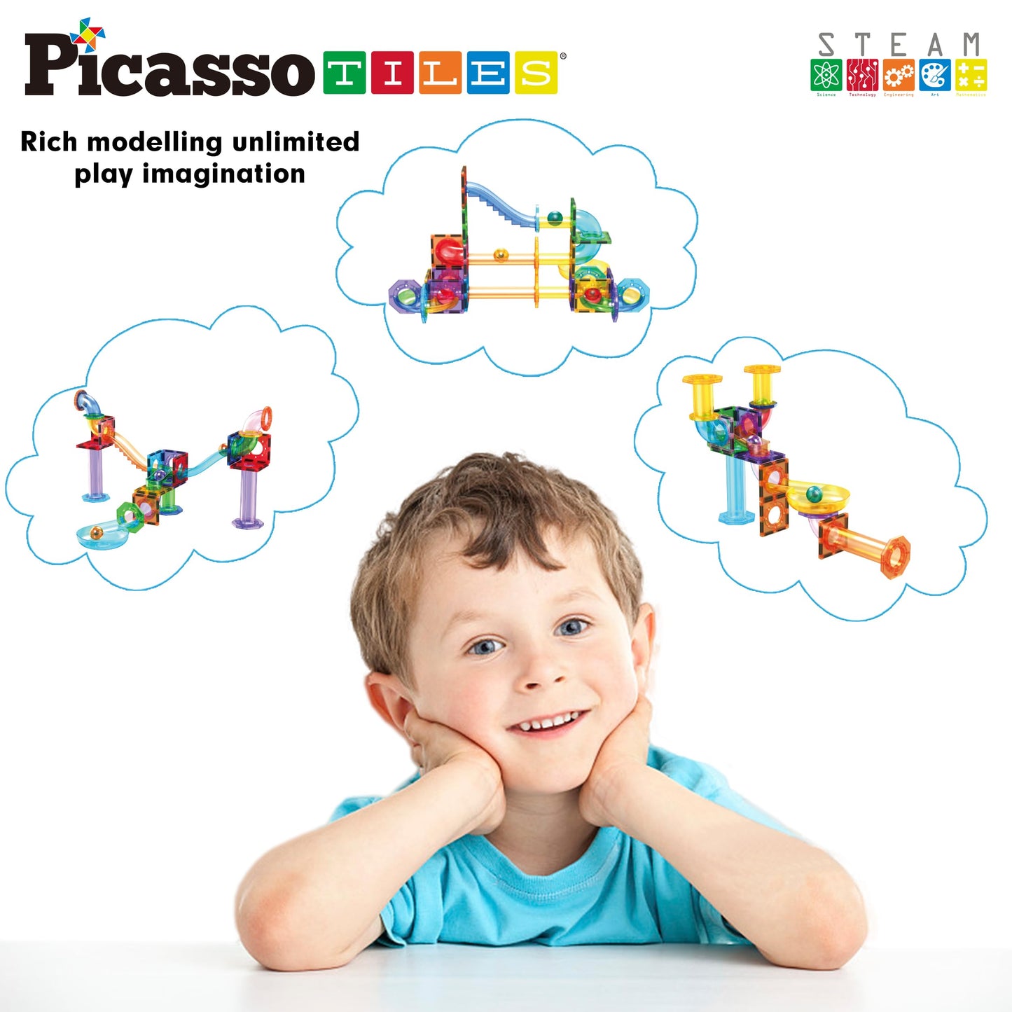 PicassoTiles Marble Run 60-Piece Race Track – Magnetic STEM Building Tiles Set PTG60