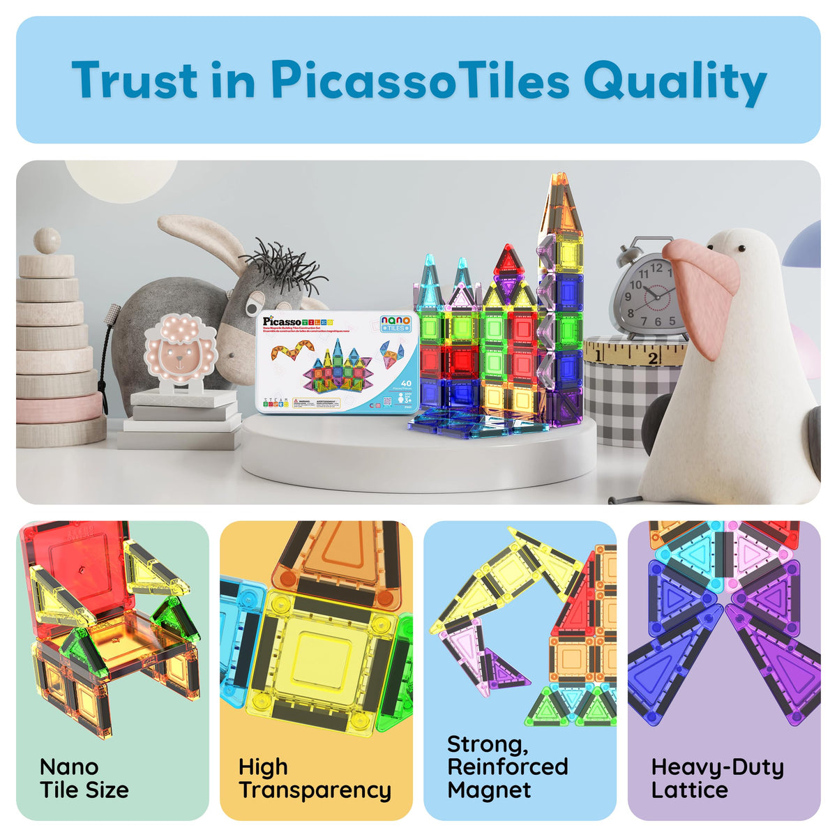 PicassoTiles 40pc Nano Mini Magnetic Tiles Travel Set – Portable STEM Building Toy with Storage Tin