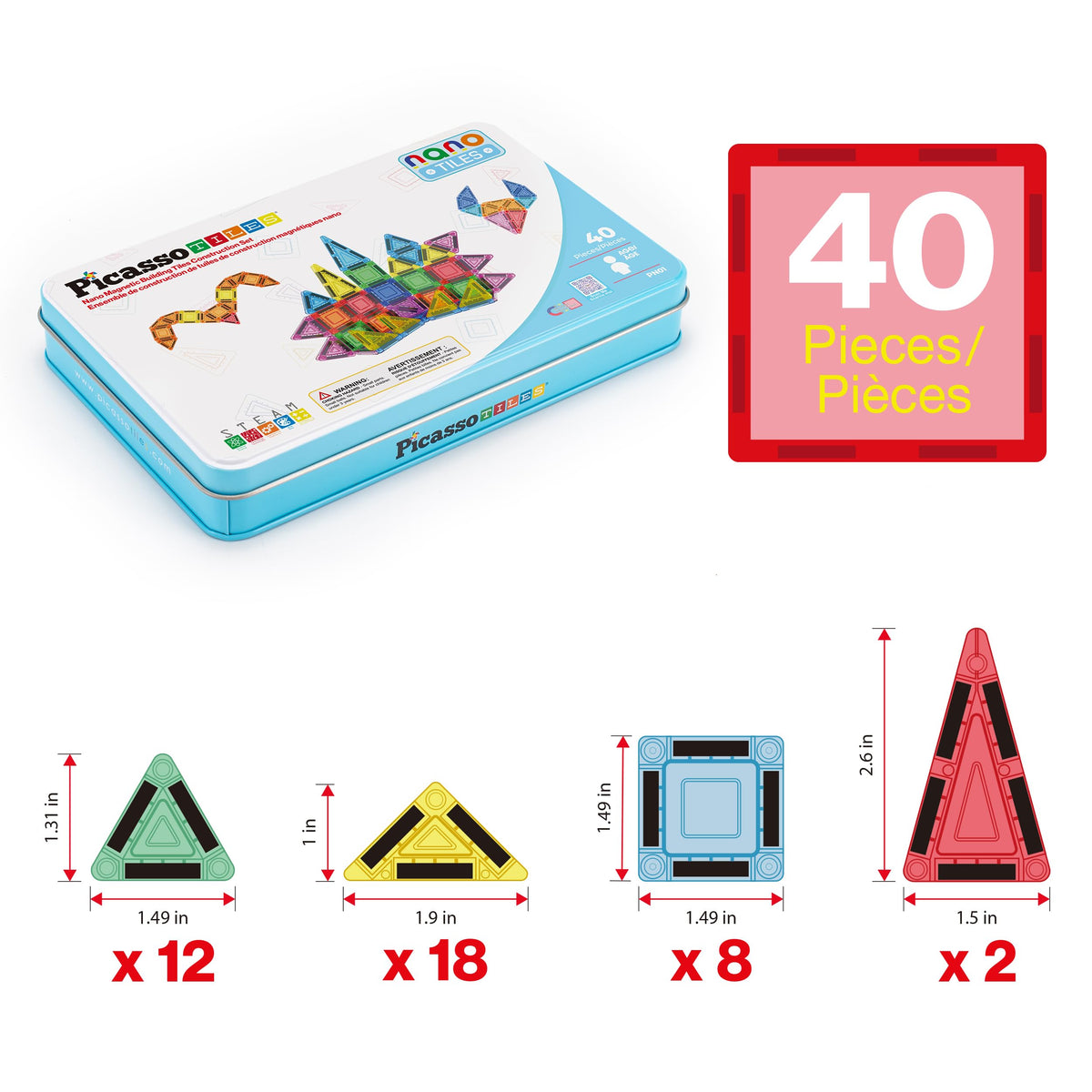 PicassoTiles 40pc Nano Mini Magnetic Tiles Travel Set – Portable STEM Building Toy with Storage Tin
