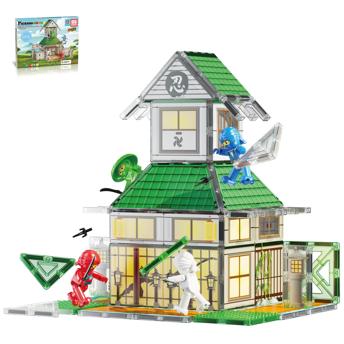 PicassoTiles Ninja Dojo House Magnet Tile Set – 64-Piece STEM Playset with 4 Ninja Figures (Ages 3+) PTQ07