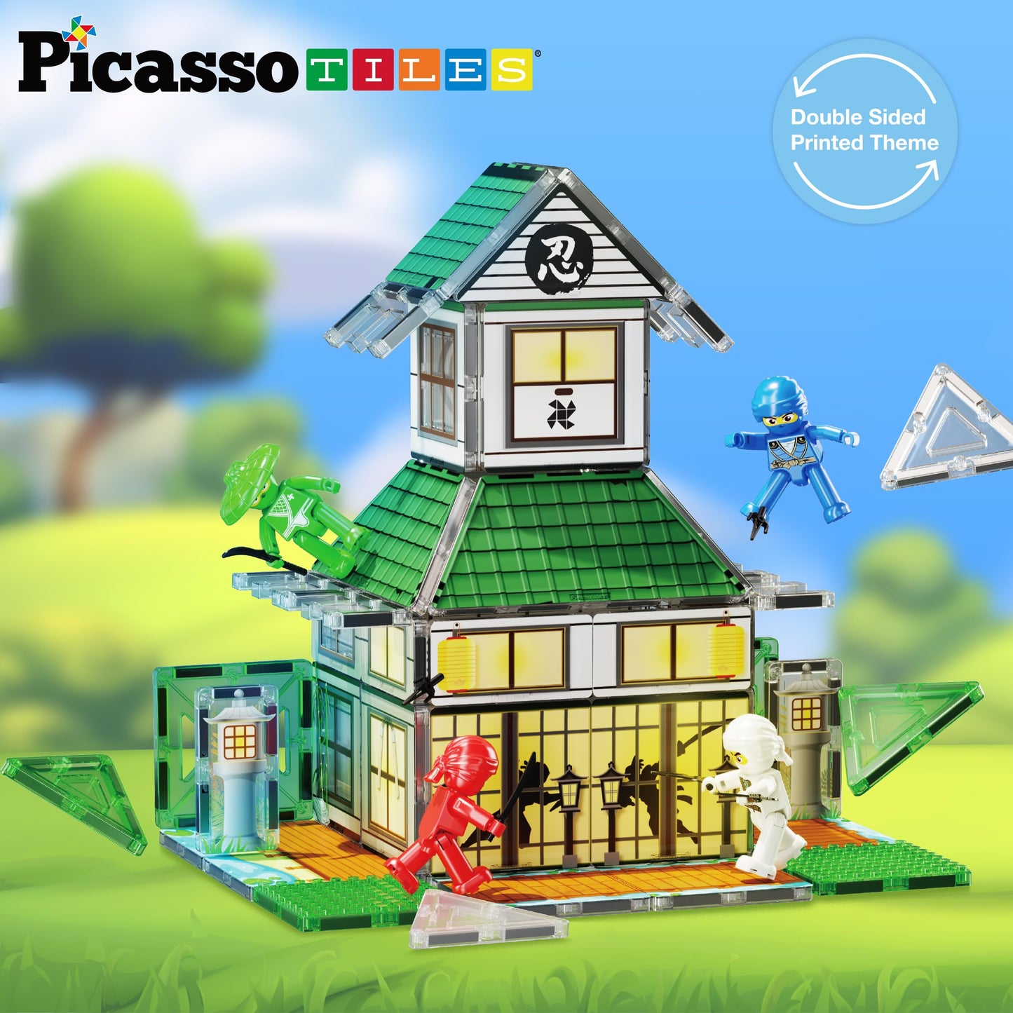 PicassoTiles Ninja Dojo House Magnet Tile Set – 64-Piece STEM Playset with 4 Ninja Figures (Ages 3+) PTQ07