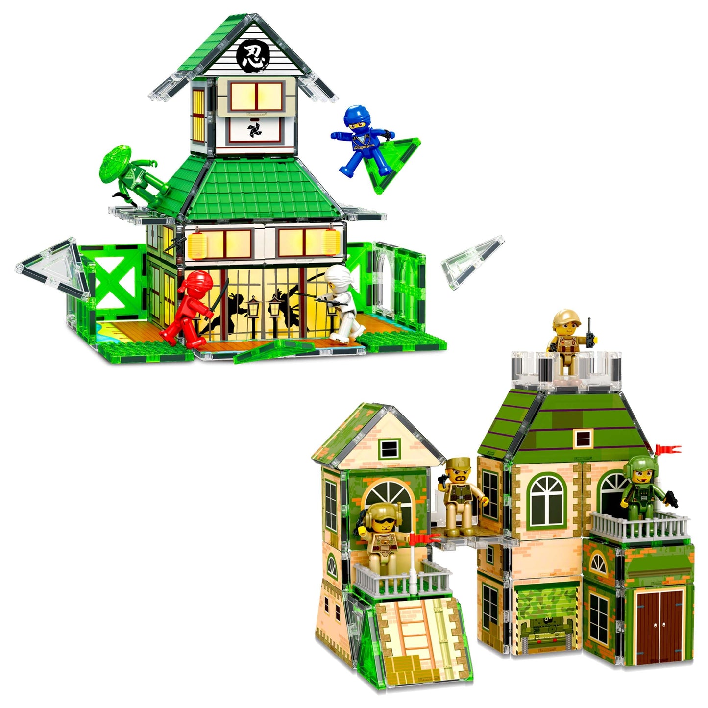 PicassoTiles 102pc Magnetic Tile Set – Ninja & Troop 2-in-1 with 8 Figures | STEM Building Play