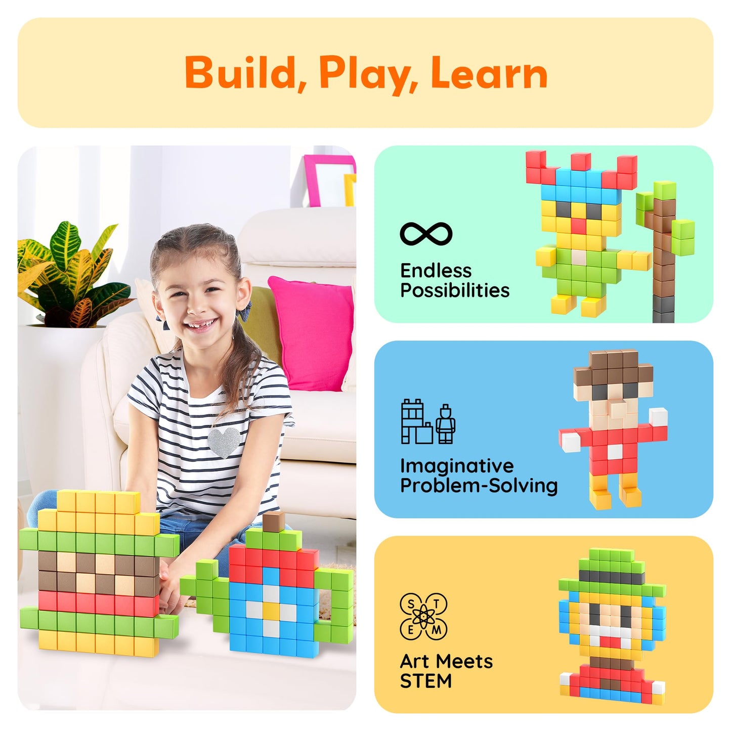 PicassoTiles 108pcs Magnetic Puzzle Cubes – STEM Building Toy for Kids 3+