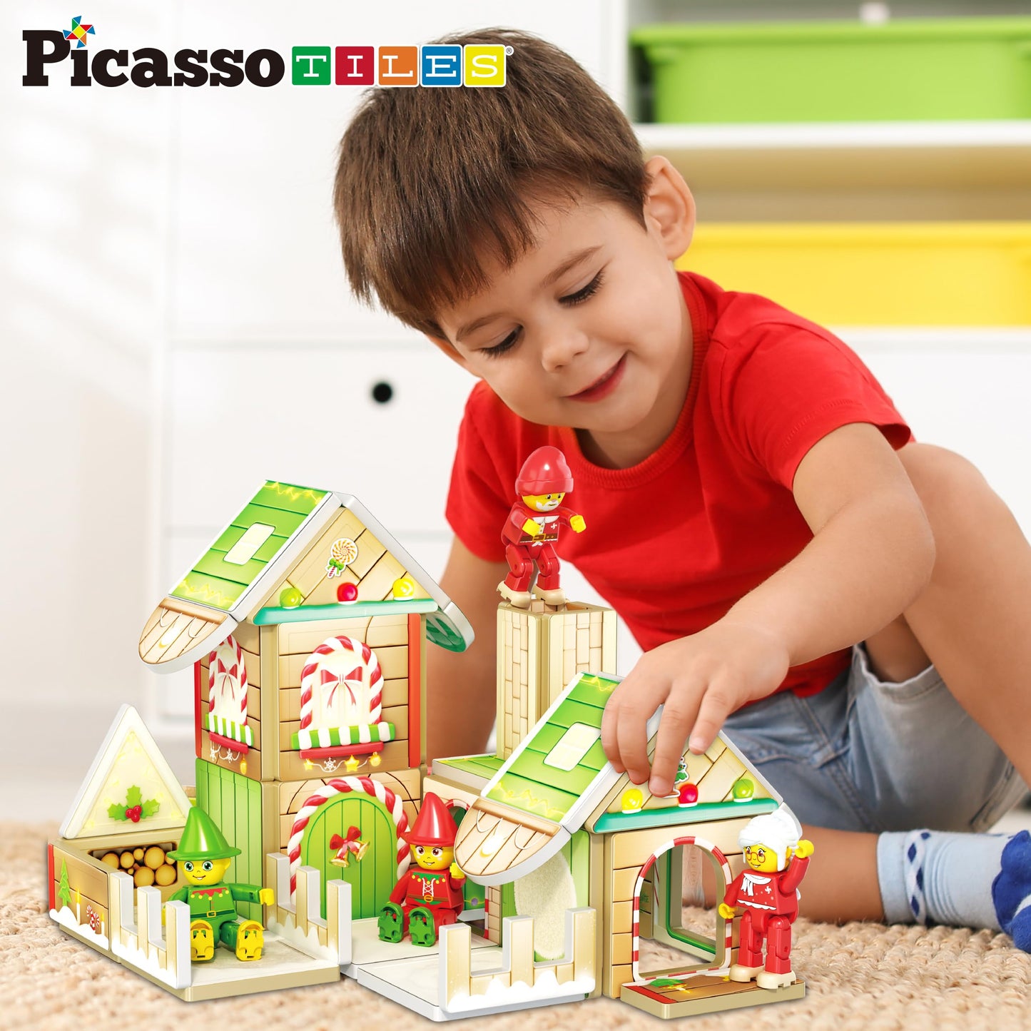 PicassoTiles Christmas Cottage Magnetic Tile Set PTQ08 – Santa, Elves & Nutcrackers