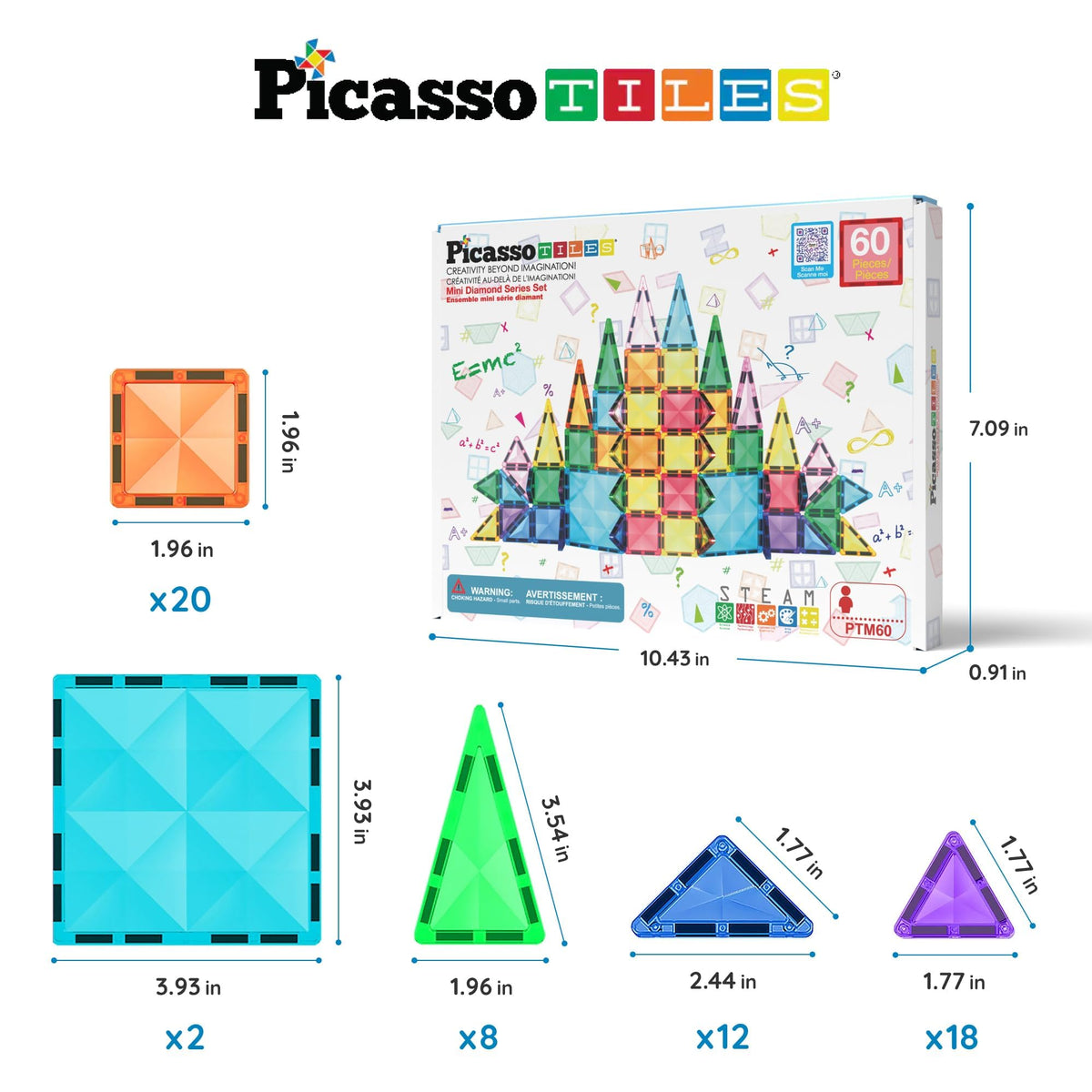 PicassoTiles 60 pcs Mini Magnetic Tiles – Travel-Ready STEM Building Set for Kids 3+