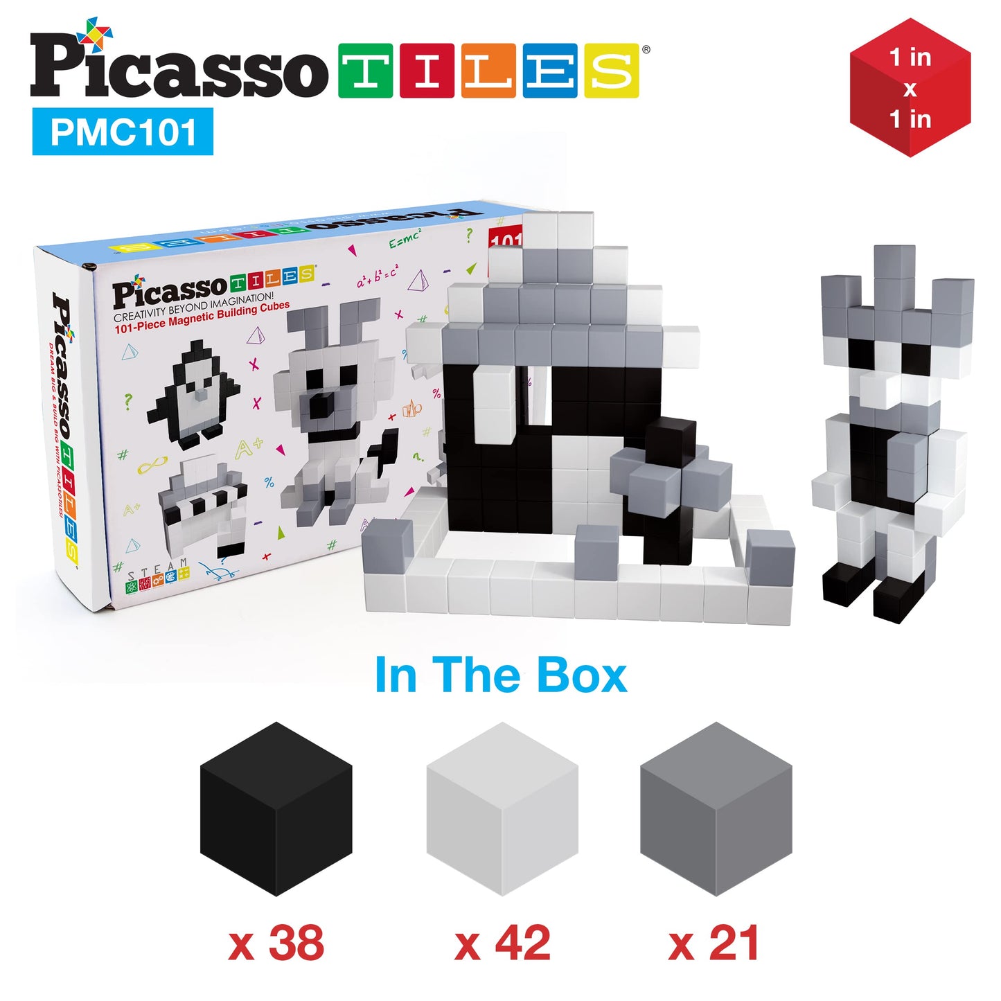 PicassoTiles 101pc Magnetic Puzzle Cube Set – Black & White 1-Inch STEM Toy for Kids 3+