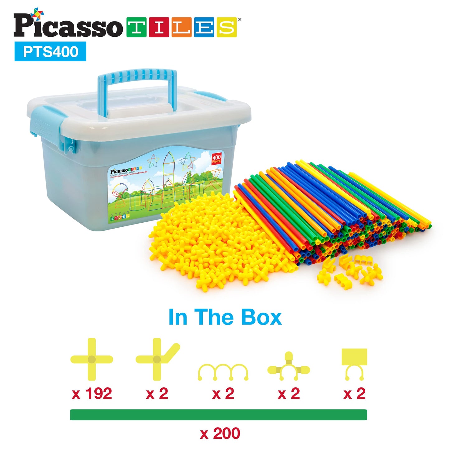 PicassoTiles 400pc Straw Building Set – STEM Learning Interlocking Construction Toy for Kids 3+