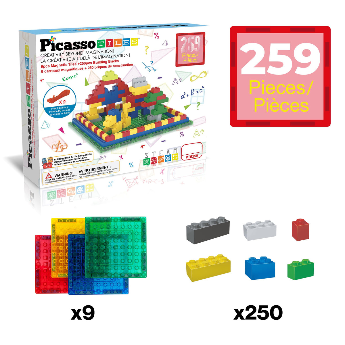 PicassoTiles Magnetic Brick Tile 259pcs – STEM Building Set Compatible with Major Brick Systems