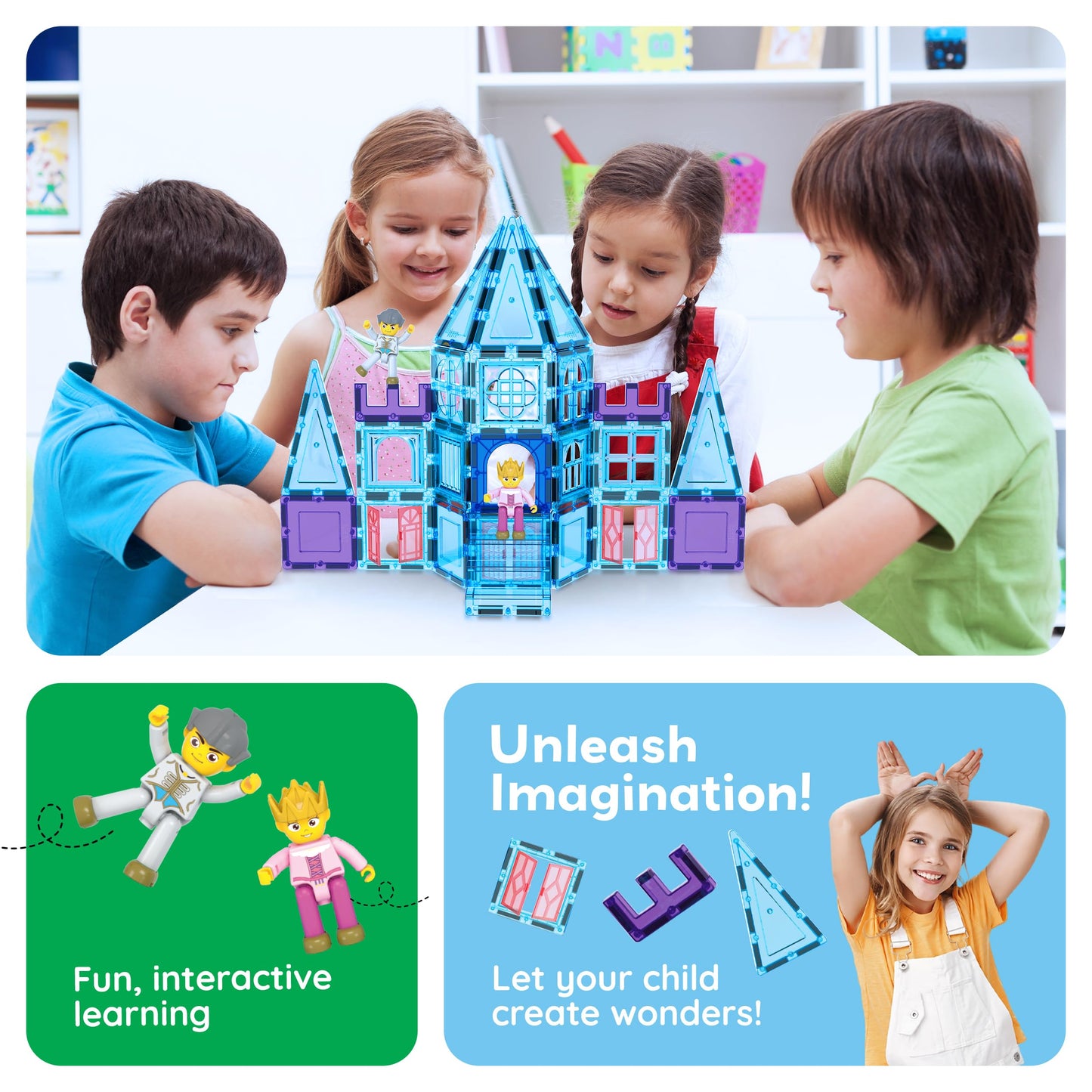 PicassoTiles 72-Piece Magnetic Building Tiles: Castle Winter Ice Theme