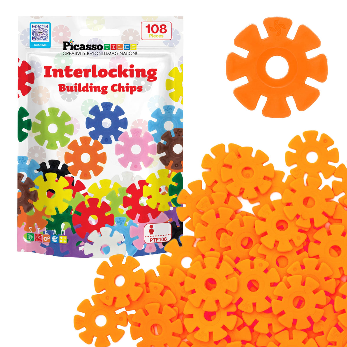 PicassoTiles 108-Piece Orange Interlocking Disc Blocks | STEM Building Chip Set PTF108
