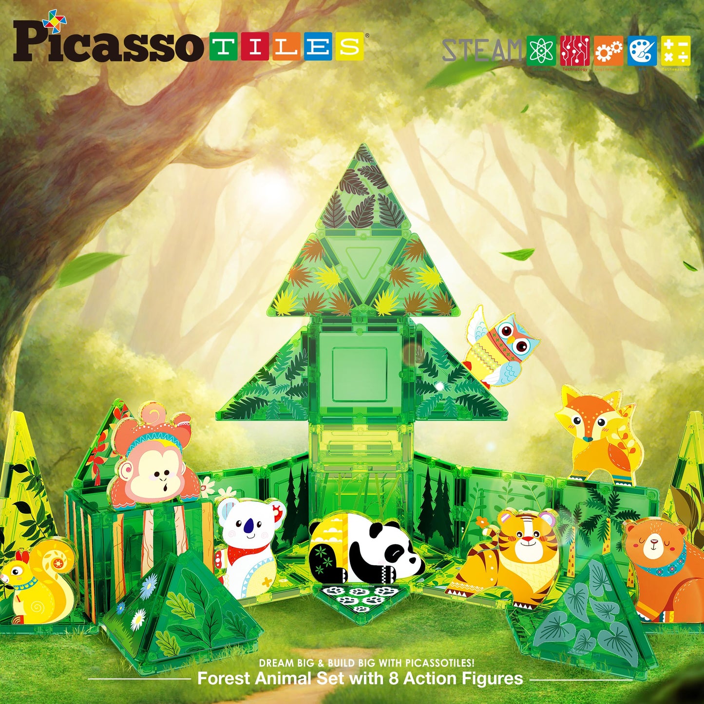 PicassoTiles Forest Animal Magnet Tile Set with 8 Figures – STEM Learning Toy PTQ16