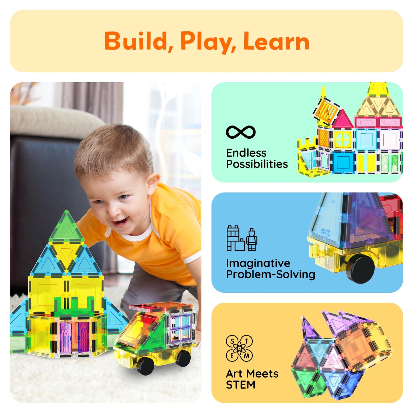 PicassoTiles 61-Piece Magnetic Tiles - STEM Building Blocks for Kids 3-12