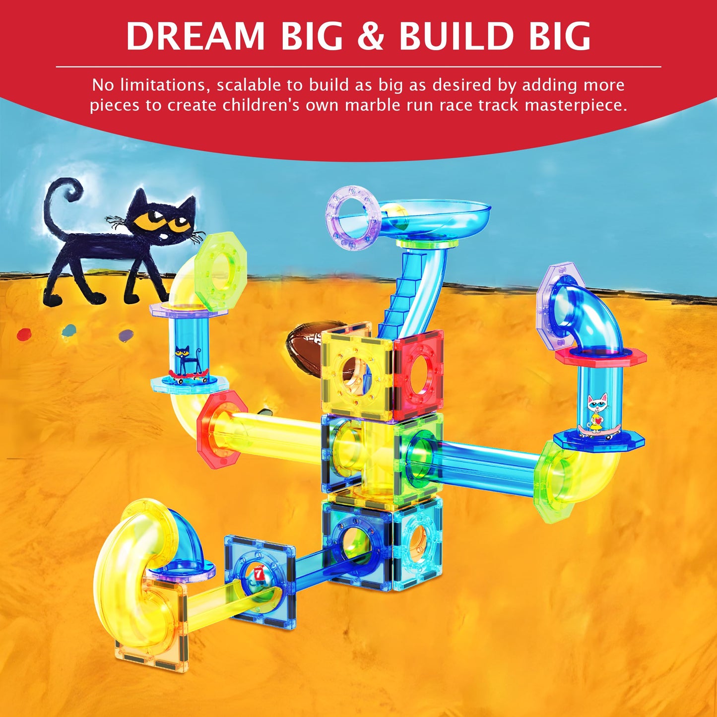 PicassoTiles Pete the Cat 62-Piece Magnetic Marble Run | STEM Toy for Kids 3+