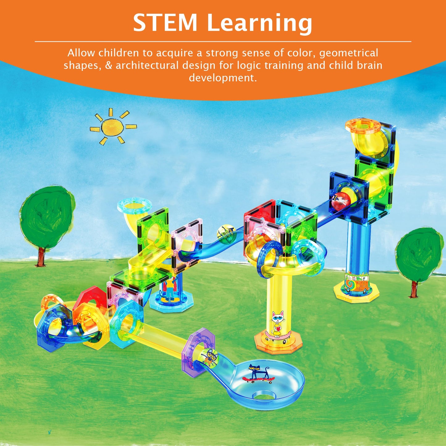 PicassoTiles Pete the Cat 62-Piece Magnetic Marble Run | STEM Toy for Kids 3+