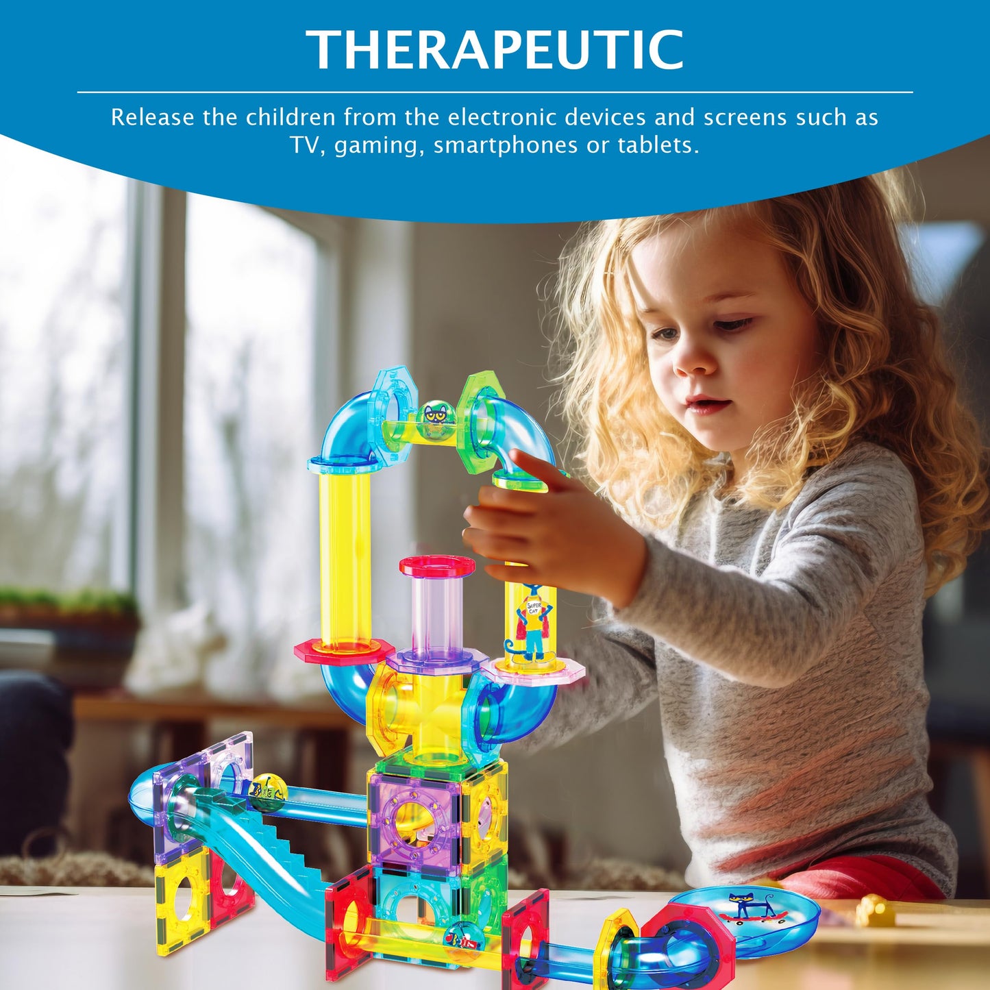 PicassoTiles Pete the Cat 62-Piece Magnetic Marble Run | STEM Toy for Kids 3+