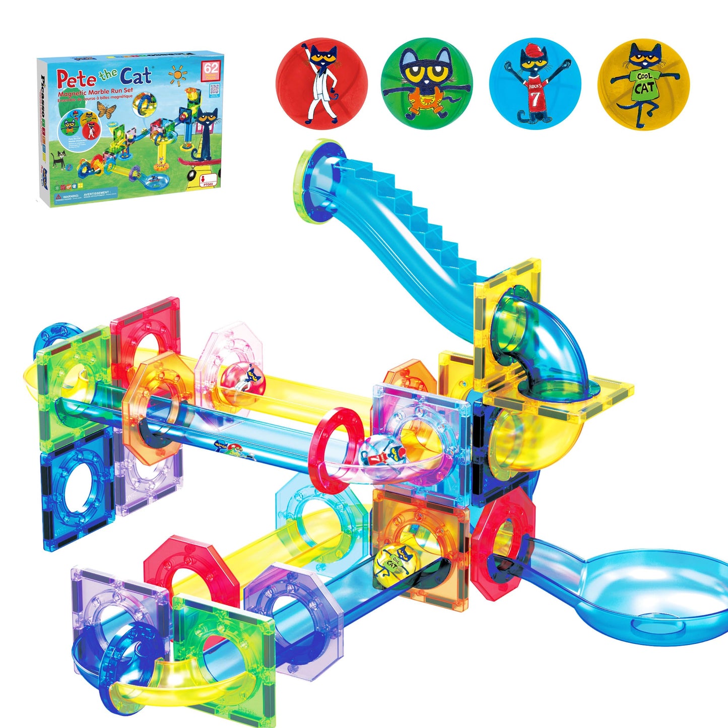 PicassoTiles Pete the Cat 62-Piece Magnetic Marble Run | STEM Toy for Kids 3+