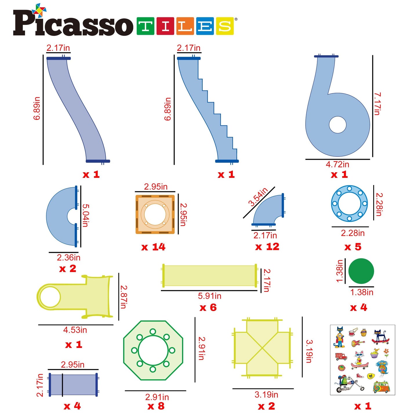 PicassoTiles Pete the Cat 62-Piece Magnetic Marble Run | STEM Toy for Kids 3+