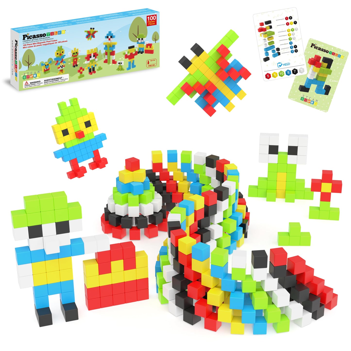 PicassoTiles 100pc Pixel Magnetic Puzzle Cubes | Mix & Match STEM Building Blocks