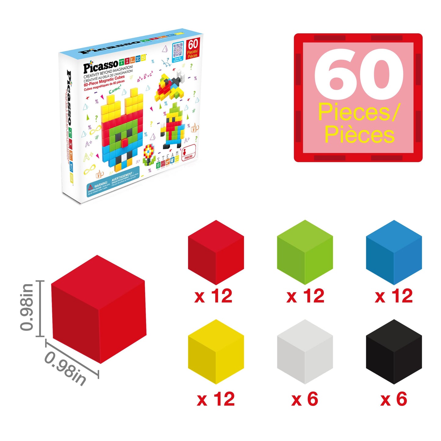 PicassoTiles 60pc Magnetic Puzzle Cube – 1in 3D STEM Building Set for Toddlers & Kids | Montessori Travel Gift