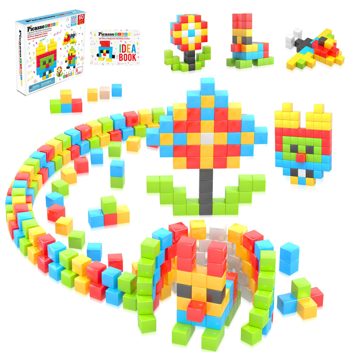 PicassoTiles 60pc Magnetic Puzzle Cube – 1in 3D STEM Building Set for Toddlers & Kids | Montessori Travel Gift