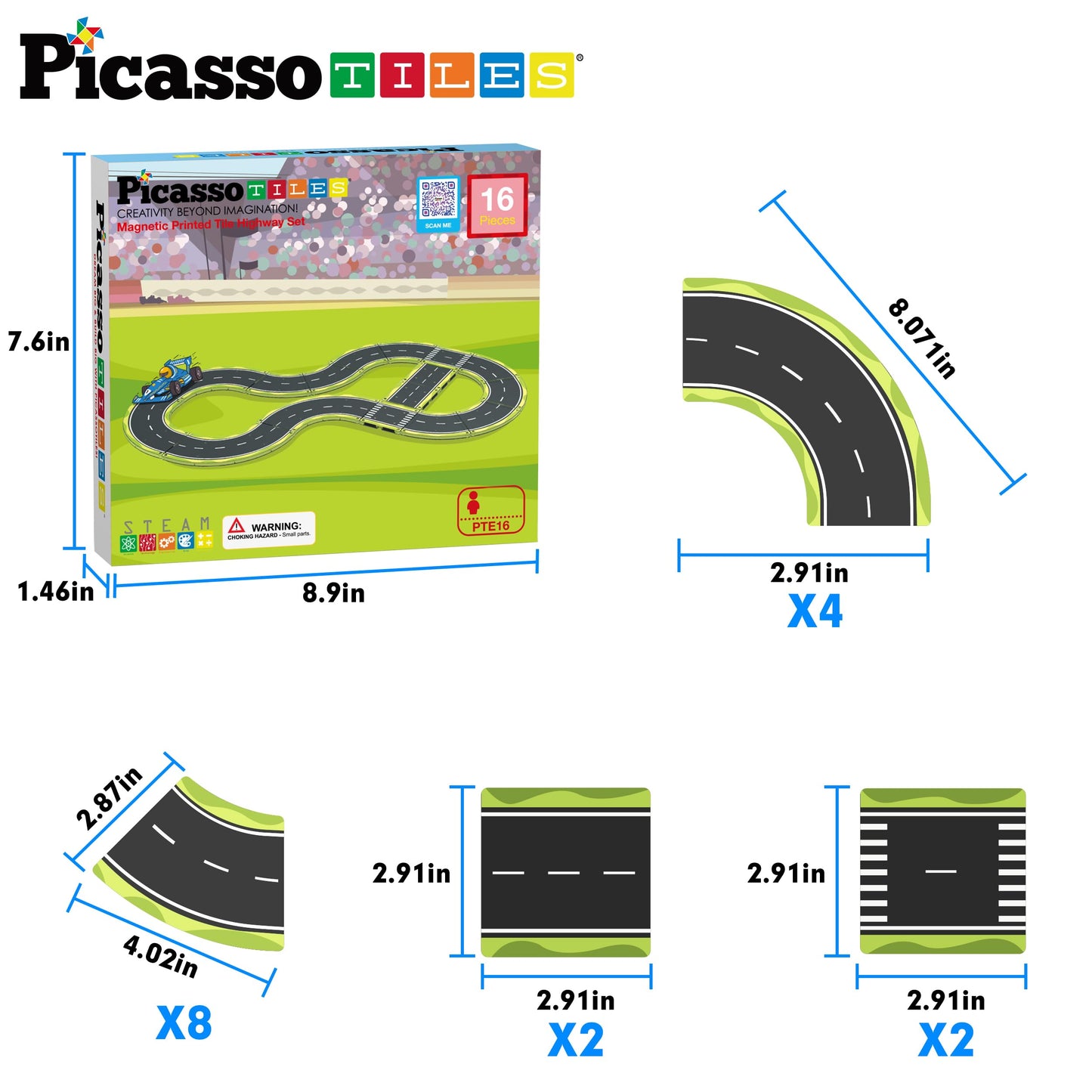 PicassoTiles Magnetic Car Track Set — 16 Printed Road Tiles for Creative STEM Play
