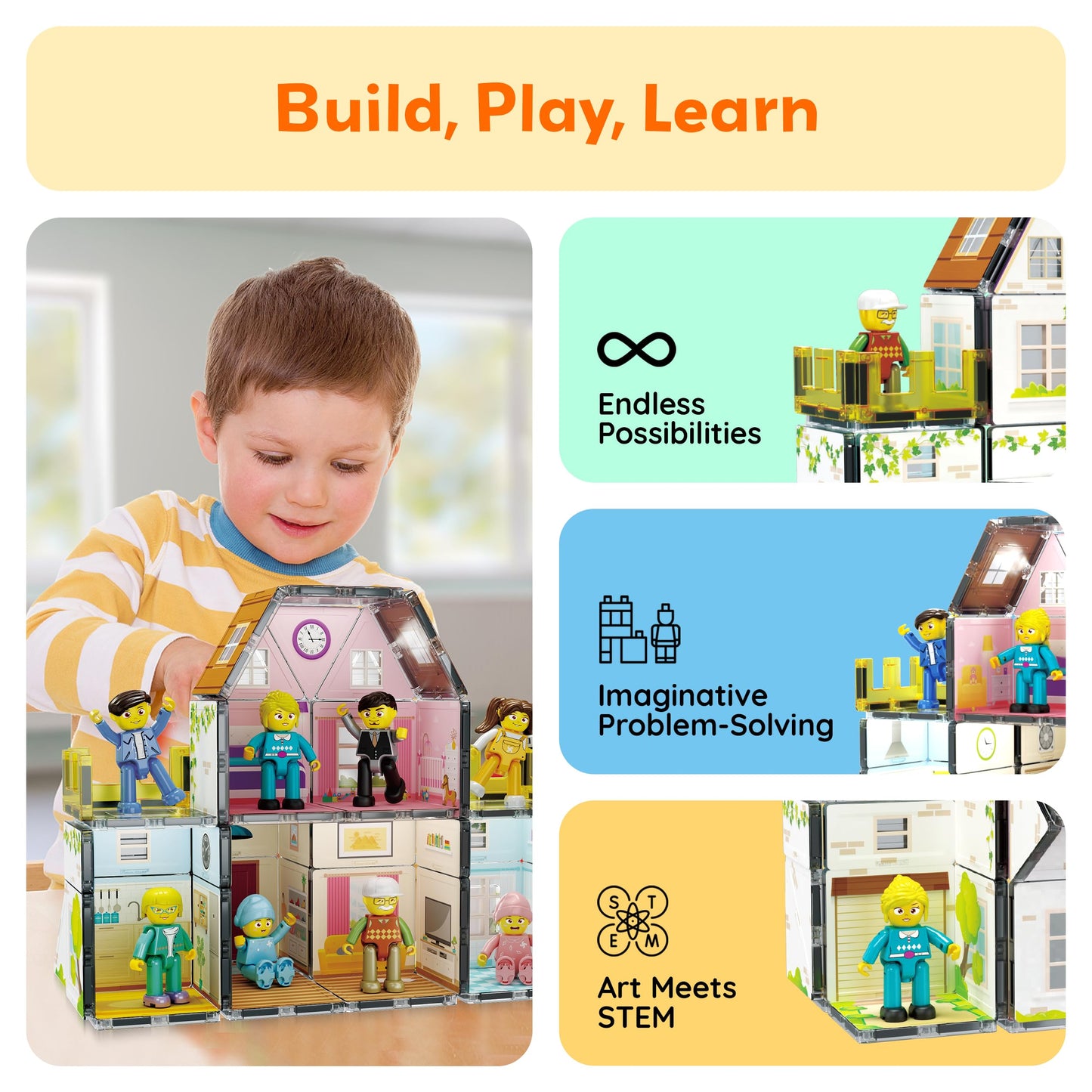 PicassoTiles Magnet Tile Family Homestead Doll House Playset with 8 Character Figures, Double-Sided Tiles, STEM Learning Kit PTQ06