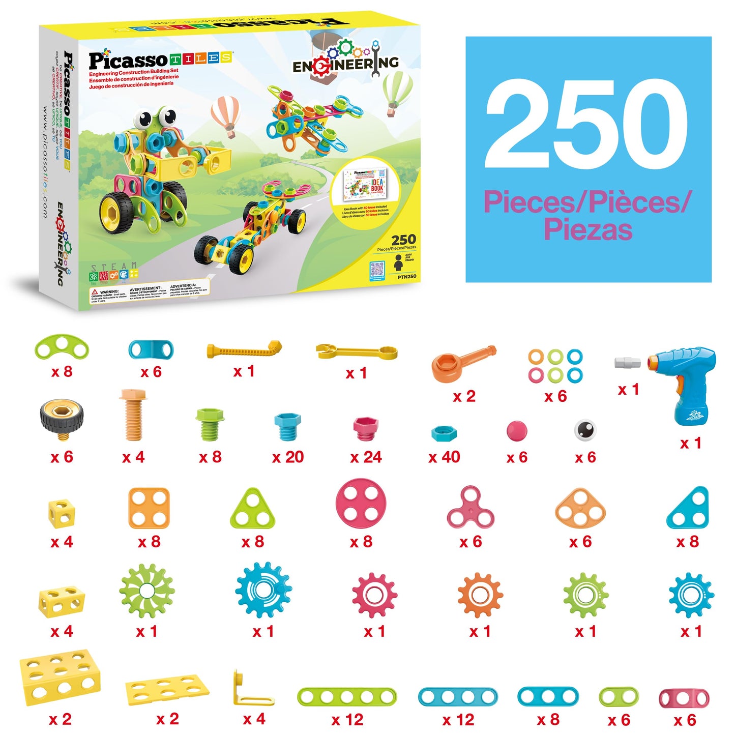 PicassoTiles STEM 250-Piece Building Block Kit for Kids – Construction & Engineering Playset