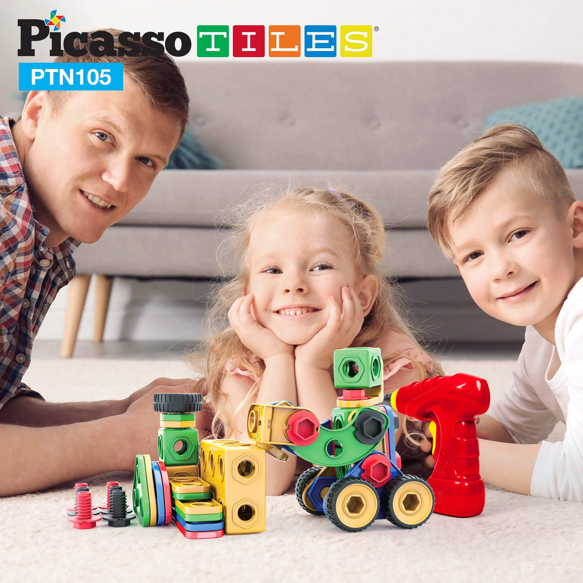PicassoTiles 105-Piece STEM Building Set for Kids 3+ | Construction Kit with Idea Book & Power Drill