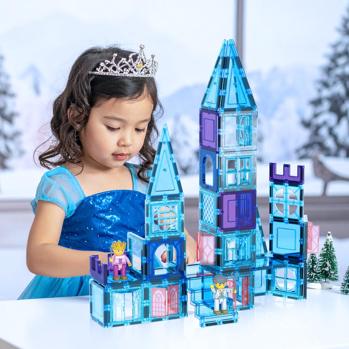 PicassoTiles 72-Piece Magnetic Building Tiles: Castle Winter Ice Theme