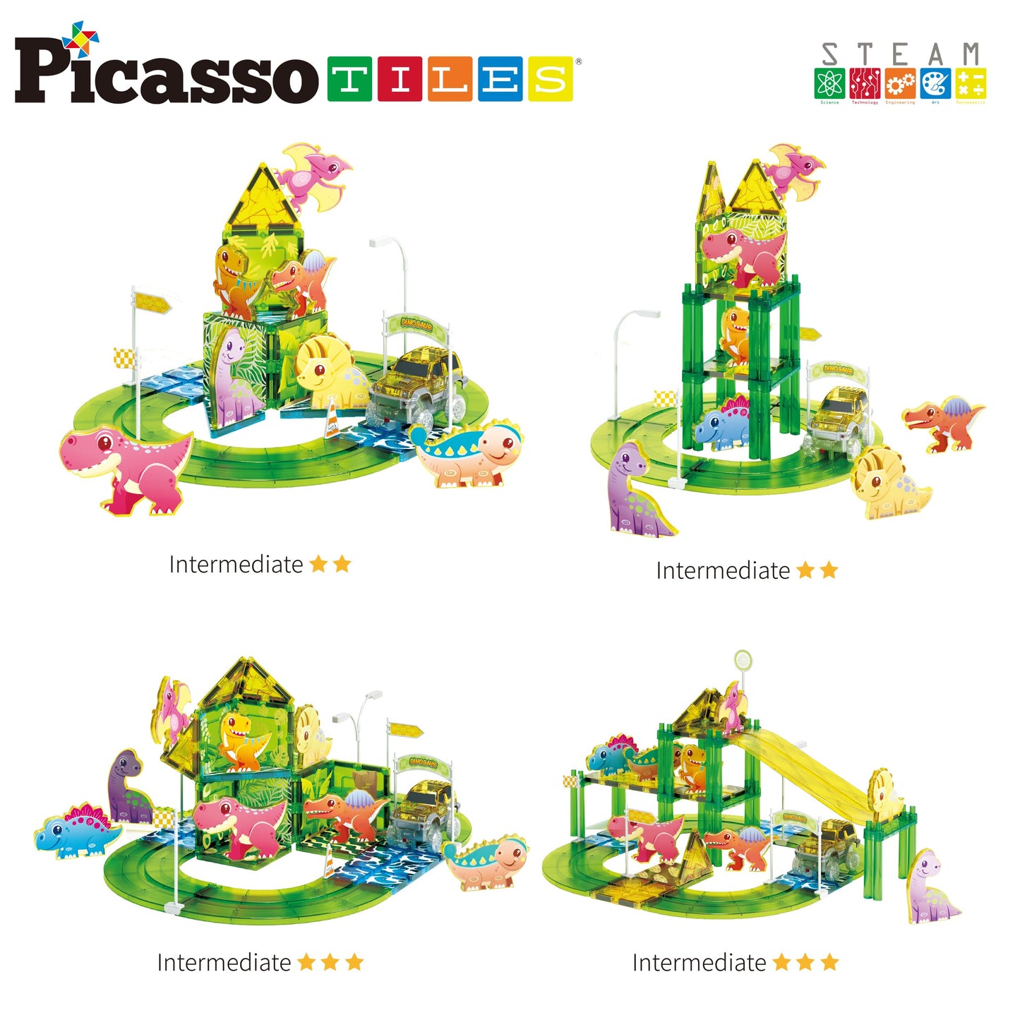 PicassoTiles Dinosaur Magnetic Tiles Racecar Track – 89-Piece Educational Building Blocks PTR02